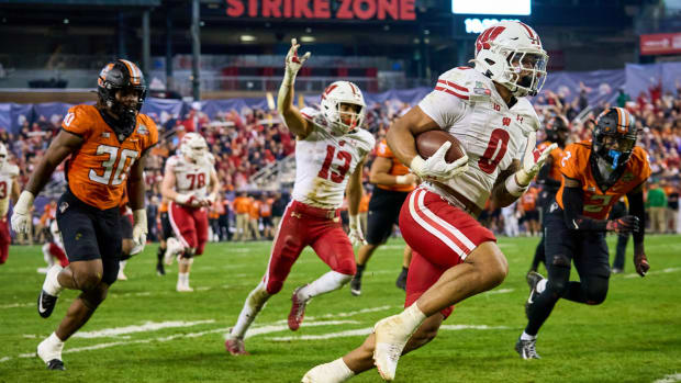 Wisconsin running back Braelon Allen running into the end zone against Oklahoma State.